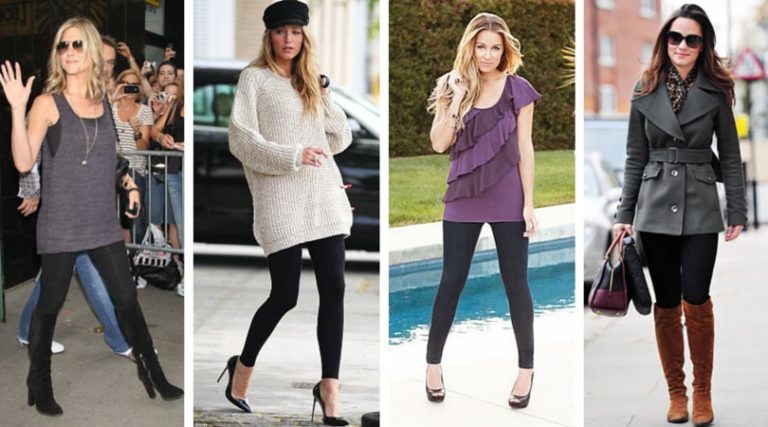 Cuatro mujeres con distintas combinaciones de leggings y blusas